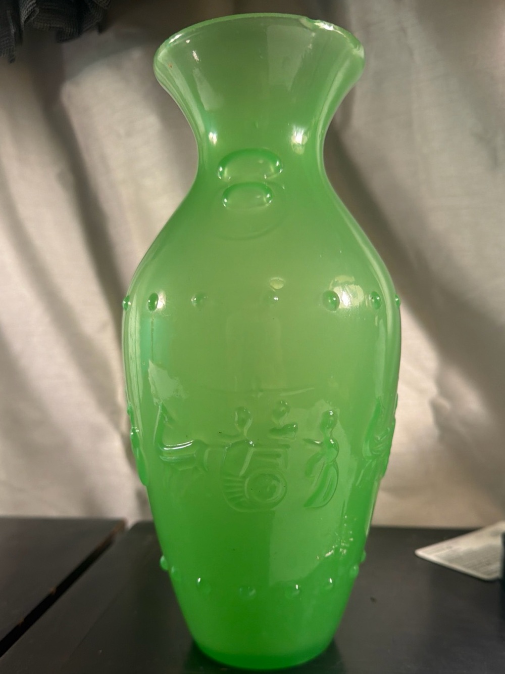 Antique Uranium Glass Green Vase Asian Peking Stubben? Pressed Art